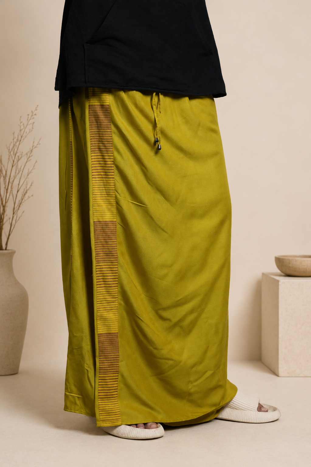 Men Yellow Steve Colour Pajamalungi With Brown & Yellow Colour Stripe Panel
