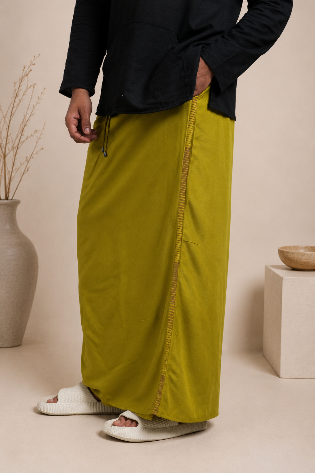 Men Yellow Steve Colour Pajamalungi With Brown & Yellow Colour Stripe Panel