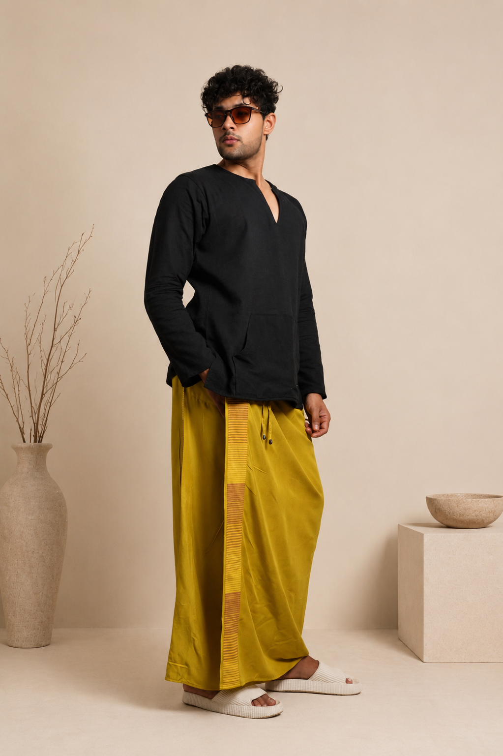 Men Yellow Steve Colour Pajamalungi With Brown & Yellow Colour Stripe Panel