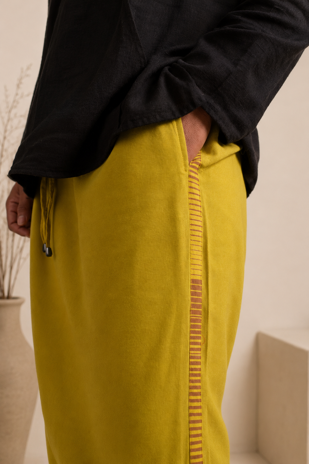 Men Yellow Steve Colour Pajamalungi With Brown & Yellow Colour Stripe Panel