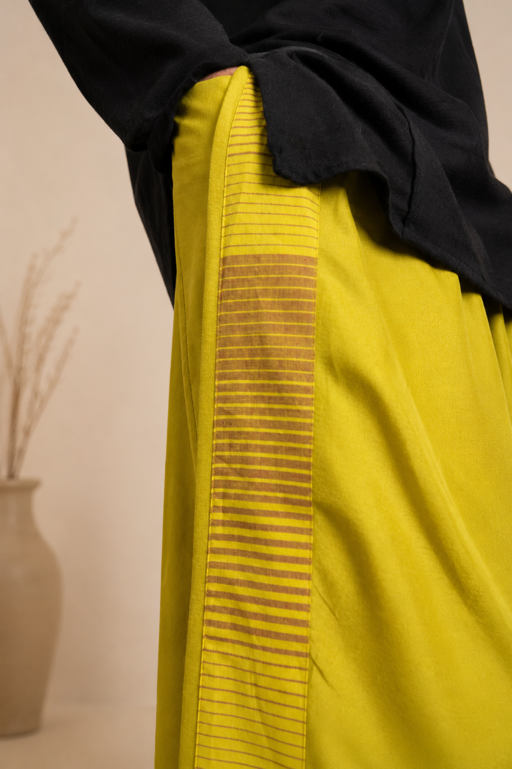 Men Yellow Steve Colour Pajamalungi With Brown & Yellow Colour Stripe Panel