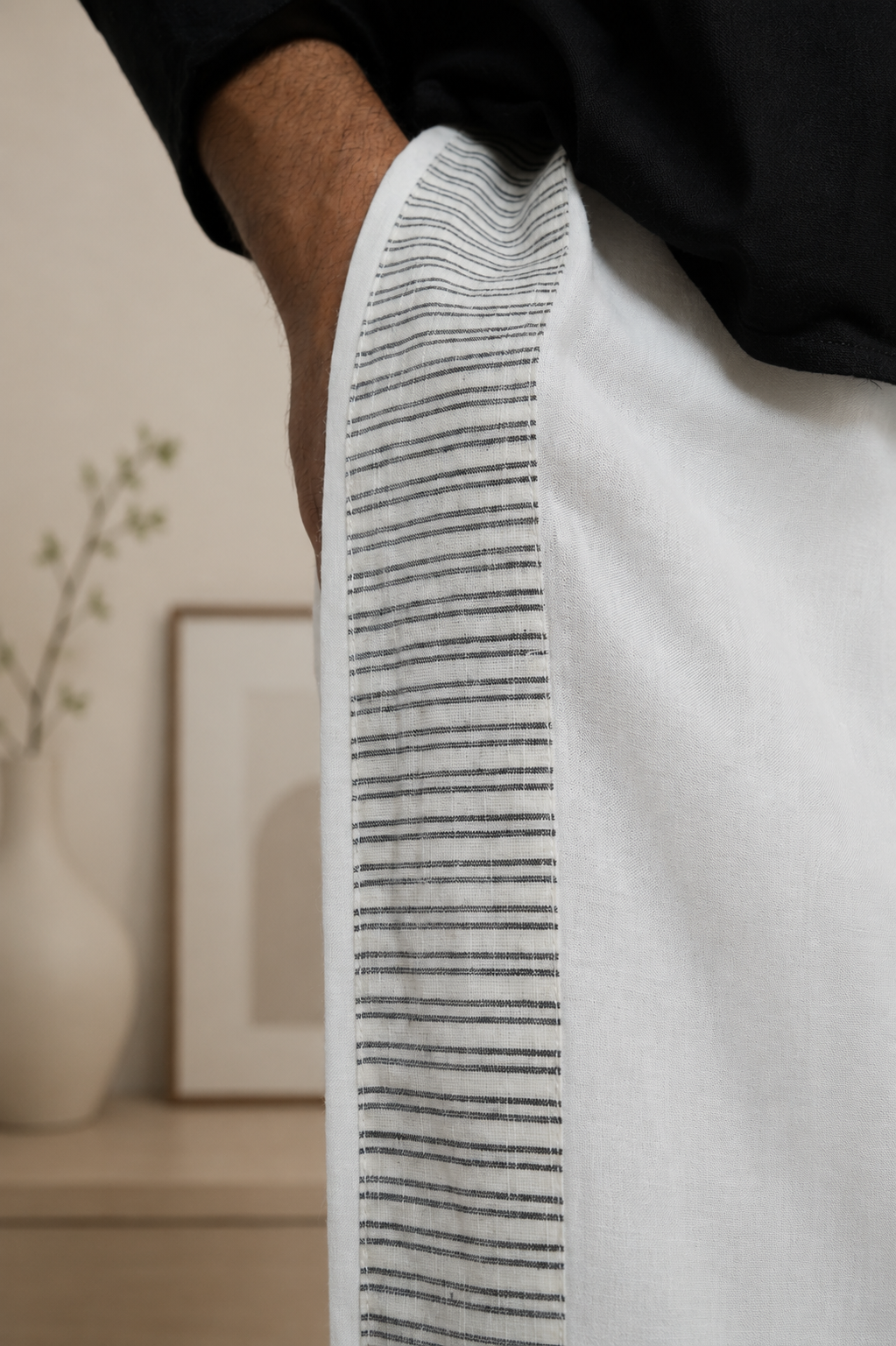 Men White Colour Pajamalungi With  Stripe Design Panel
