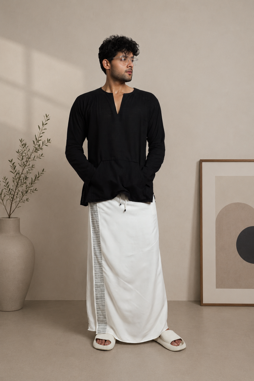 Men White Colour Pajamalungi With  Stripe Design Panel