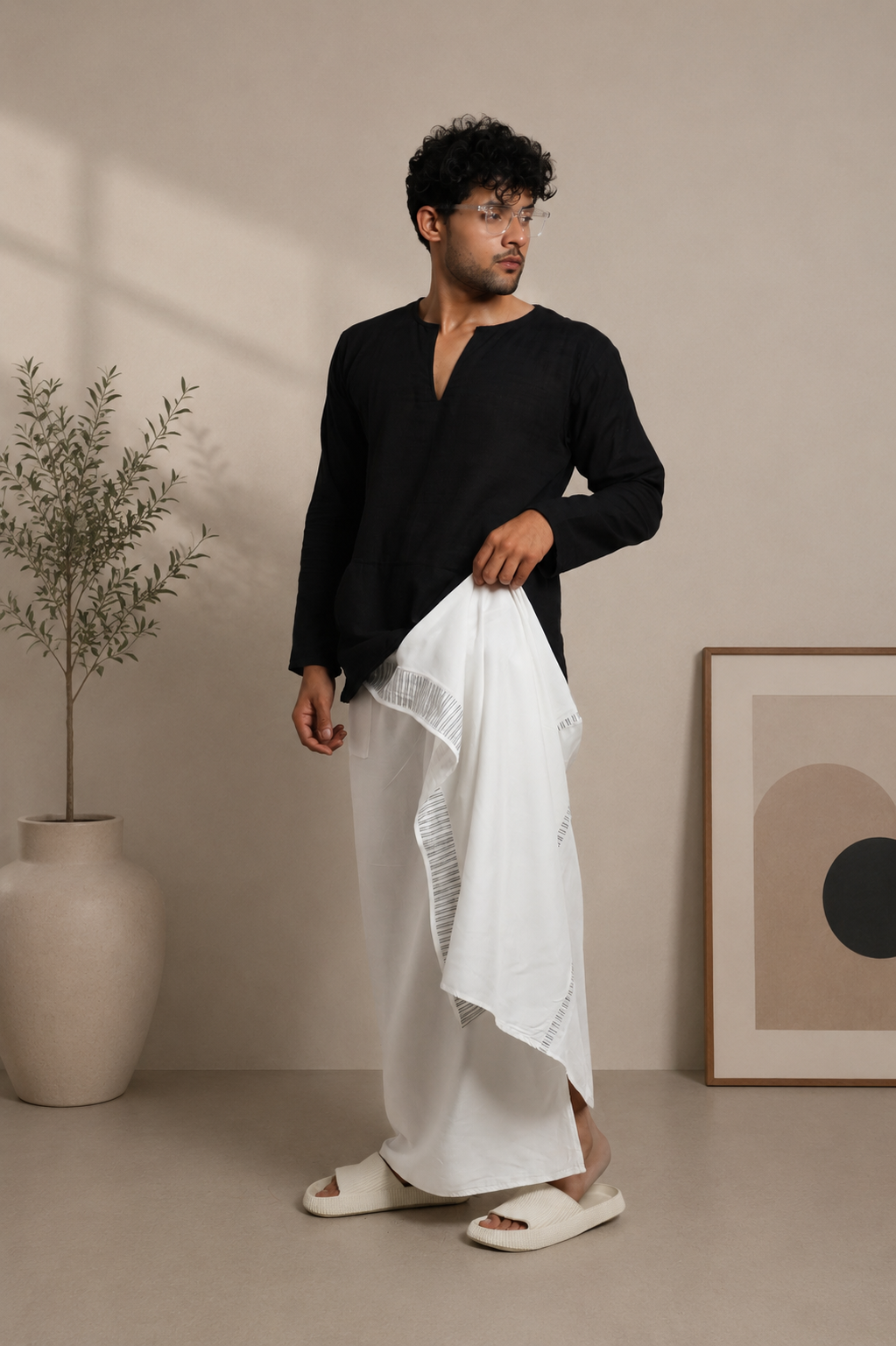 Men White Colour Pajamalungi With  Stripe Design Panel