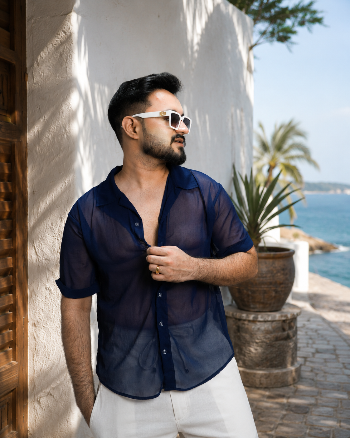 Men Navy Blue Colour Georgette Shirt