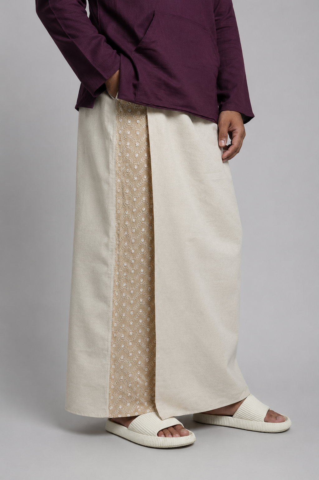 Men Beige Colour Pajamalungi With Beige Embroidery Panel