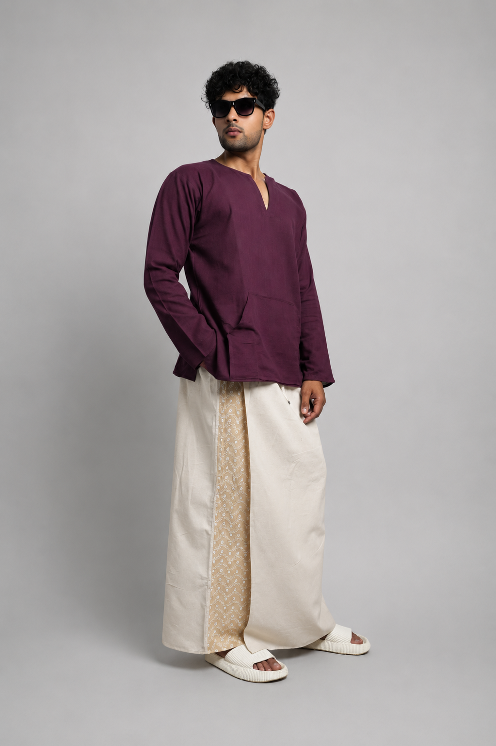 Men Beige Colour Pajamalungi With Beige Embroidery Panel