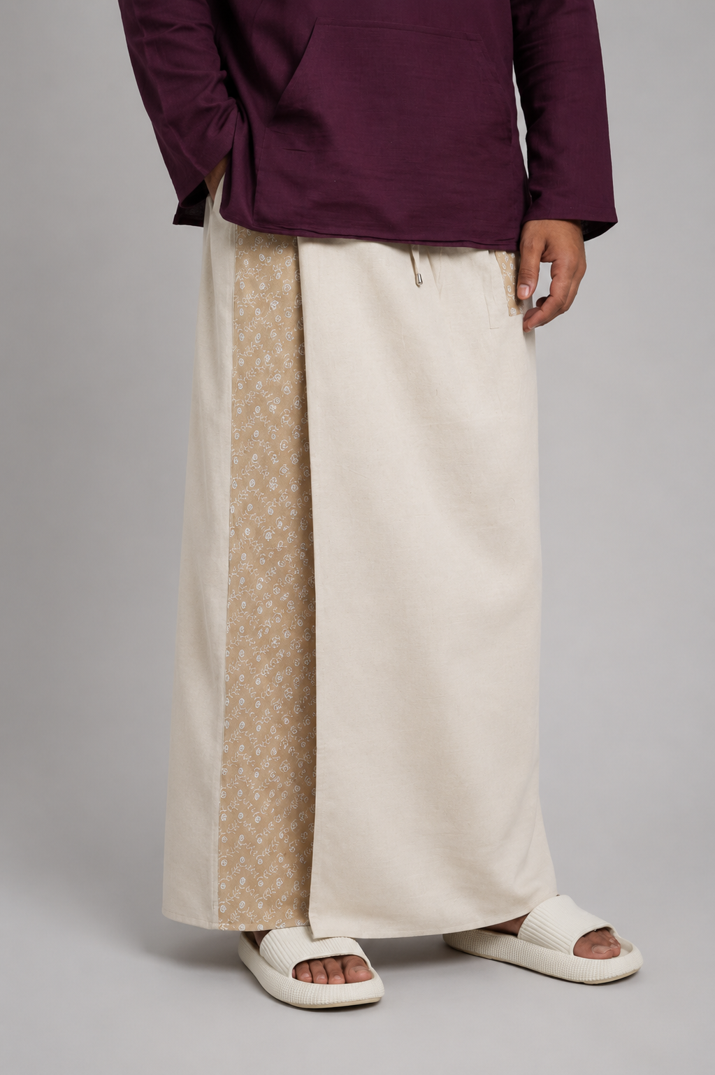Men Beige Colour Pajamalungi With Beige Embroidery Panel