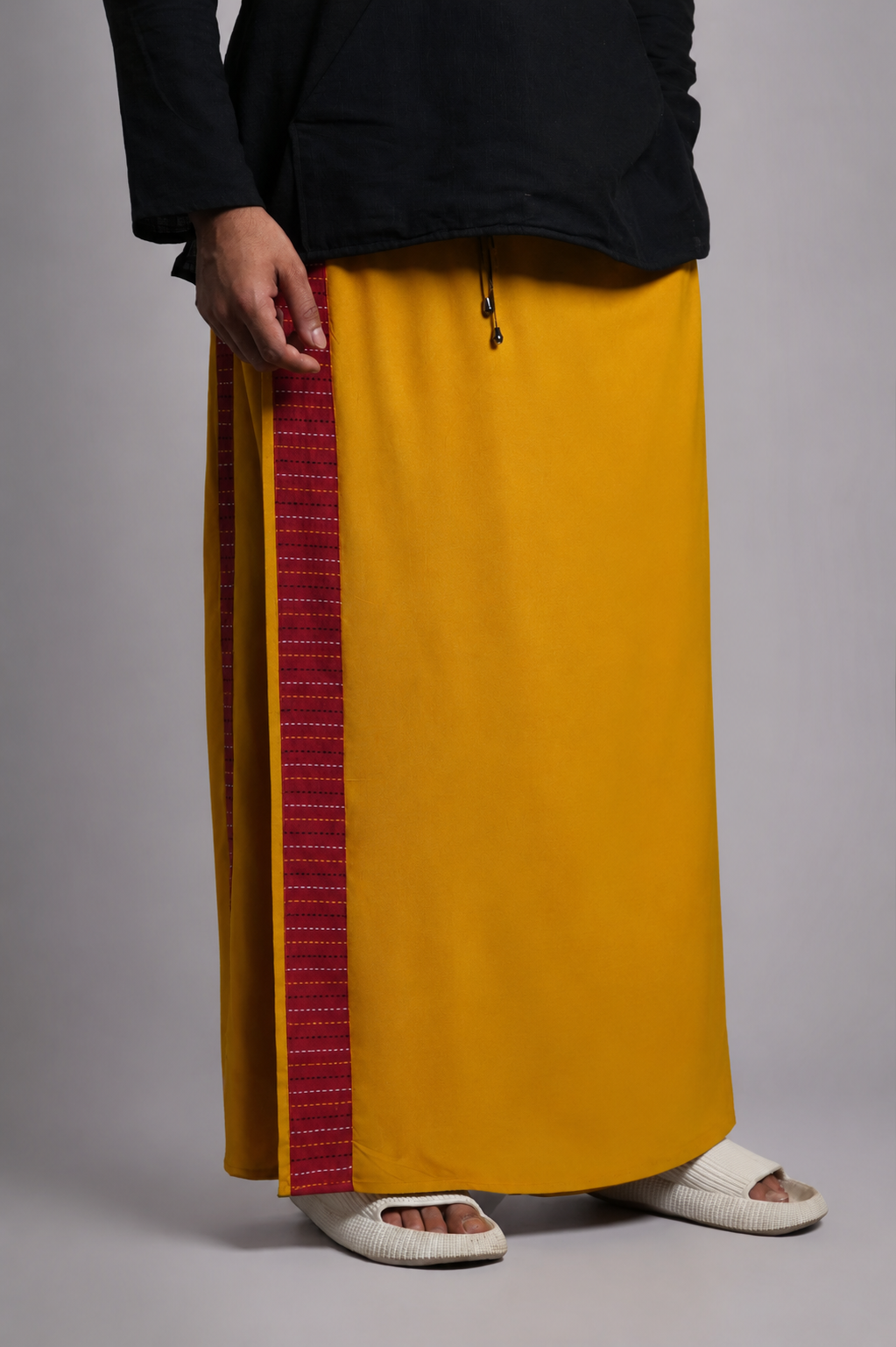 Men Musturd Yellow Colour Pajamalungi With Red  Textured Stripe Panel