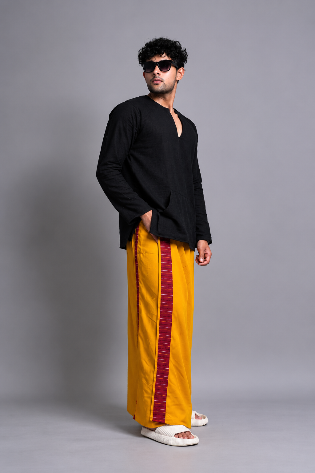 Men Musturd Yellow Colour Pajamalungi With Red  Textured Stripe Panel