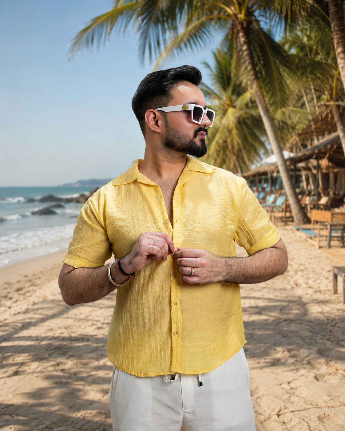 Men Yellow Colour Chiffon Buttoned Shirt