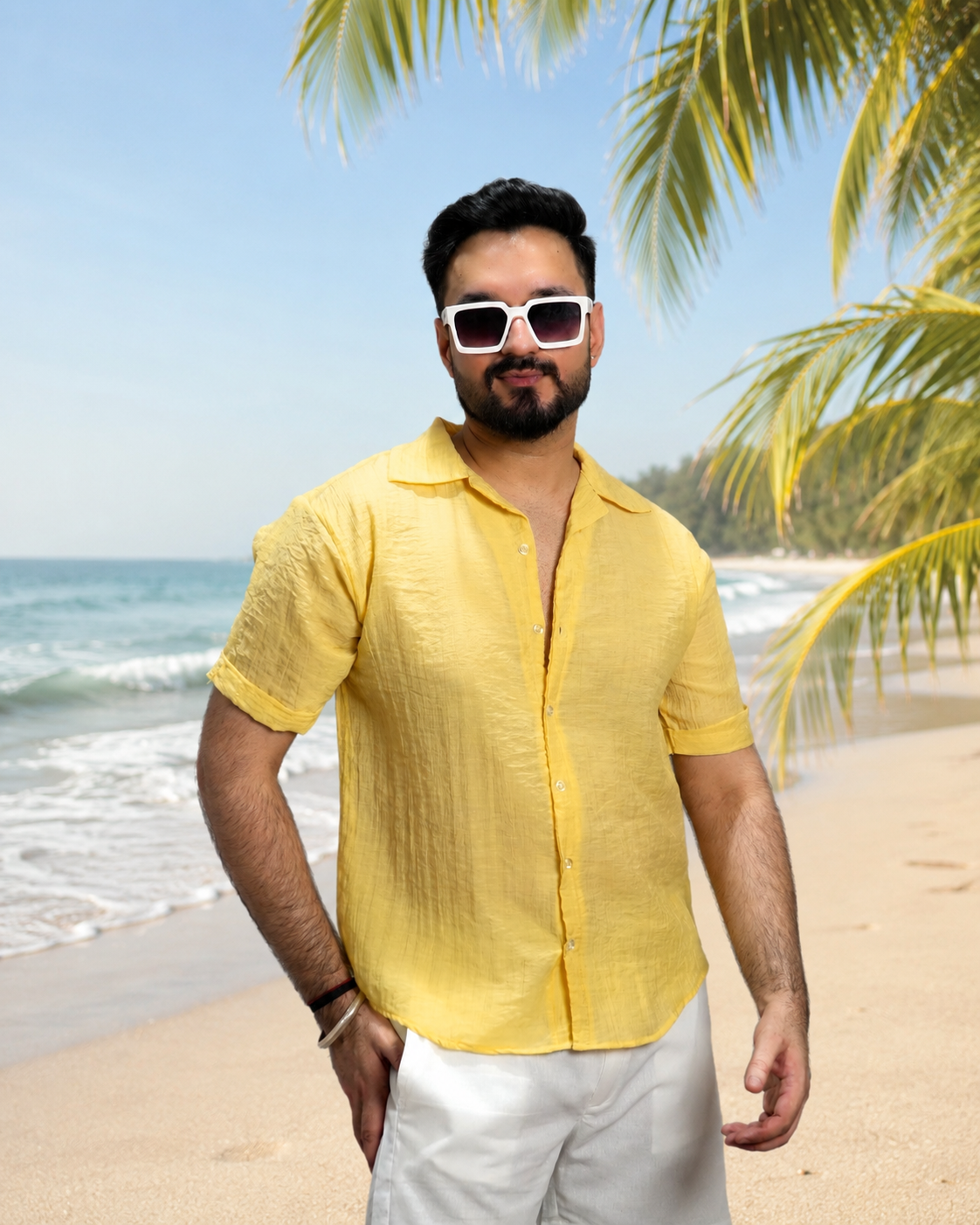Men Yellow Colour Chiffon Buttoned Shirt