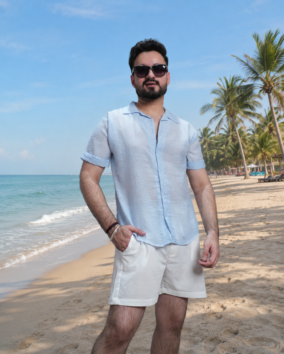 Men Ice Blue Colour Chiffon Buttoned Shirt