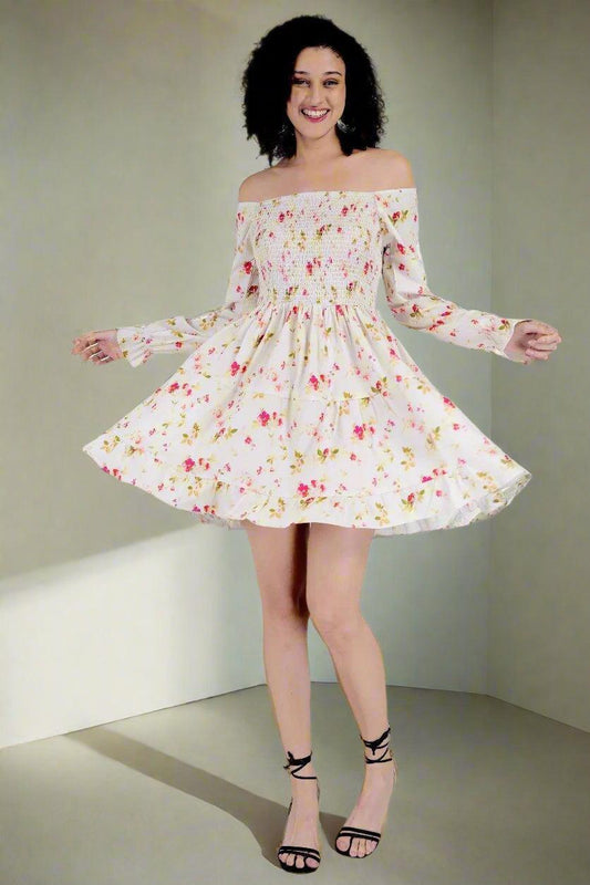Floral Whimsy Off-Shoulder Dress - Nirmal Online