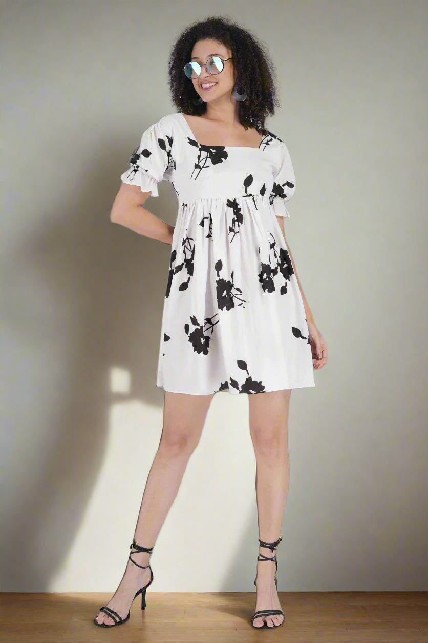 BW Flower Printed Short Dress - Nirmal Online
