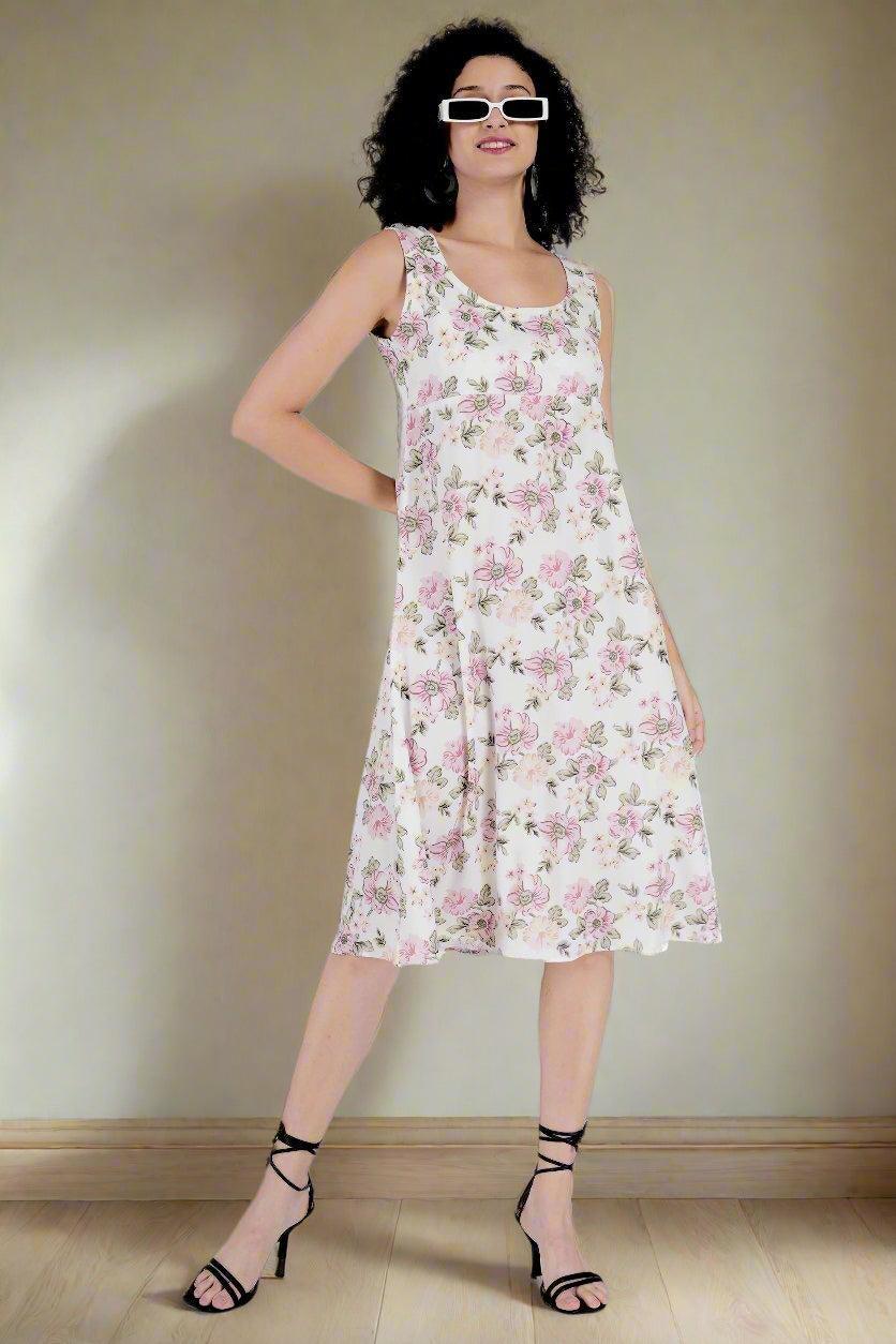 Multi Flower Printed White  Long Dress - Nirmal Online