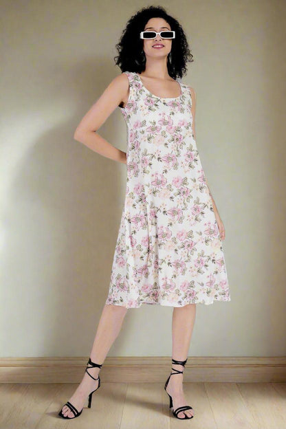 Multi Flower Printed White  Long Dress - Nirmal Online