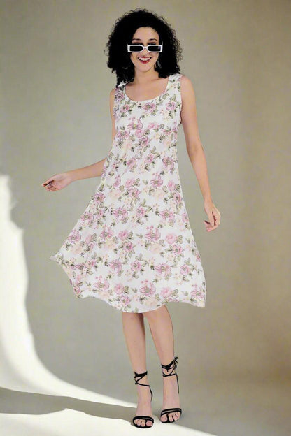 Multi Flower Printed White  Long Dress - Nirmal Online