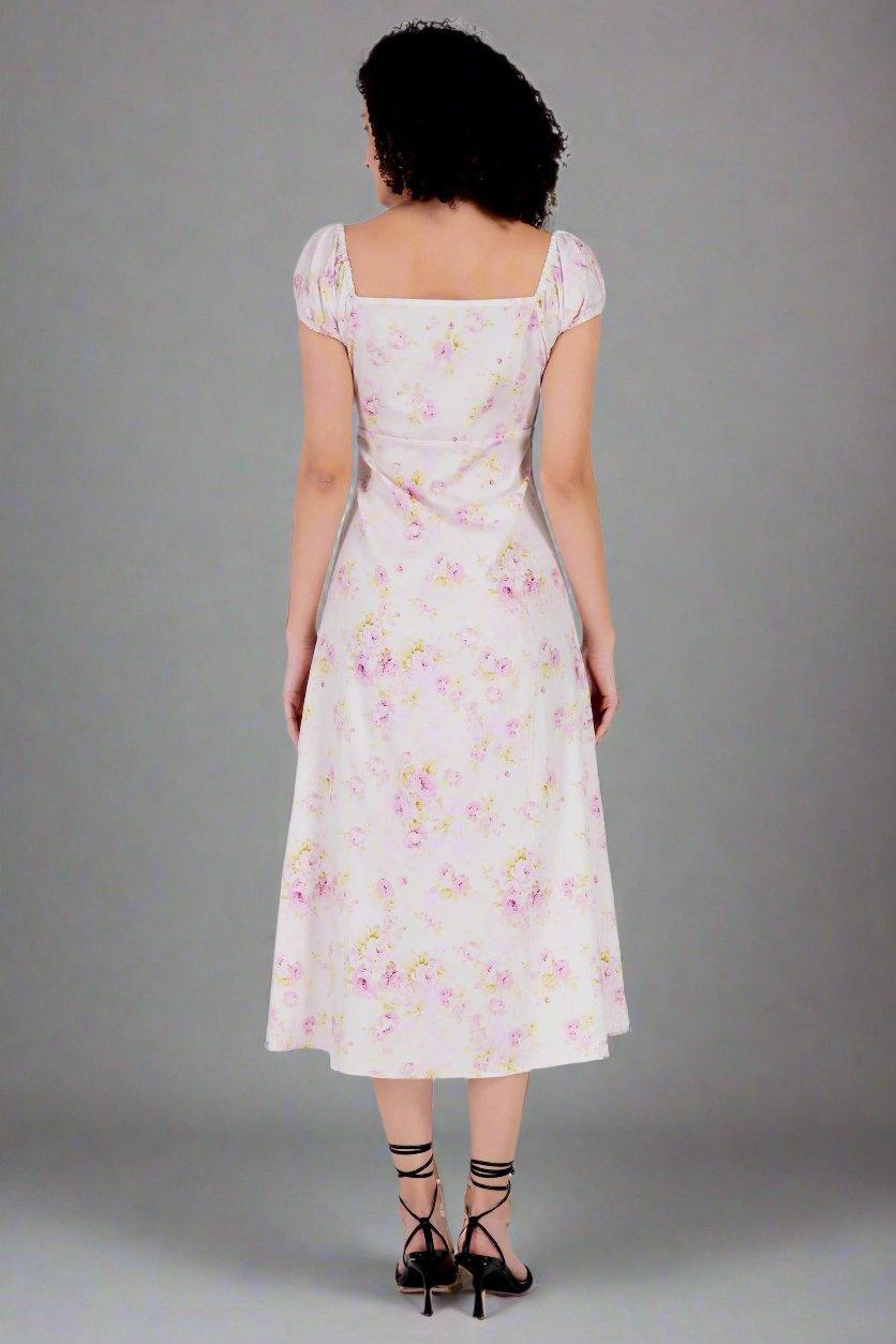 Rose Printed White Long Dress - Nirmal Online