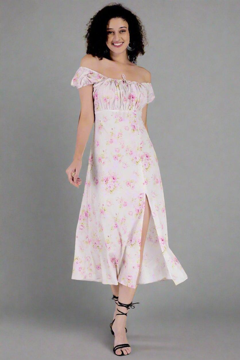 Rose Printed White Long Dress - Nirmal Online