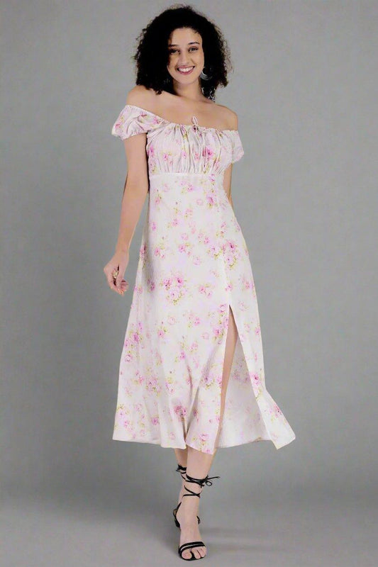 Rose Printed White Long Dress - Nirmal Online