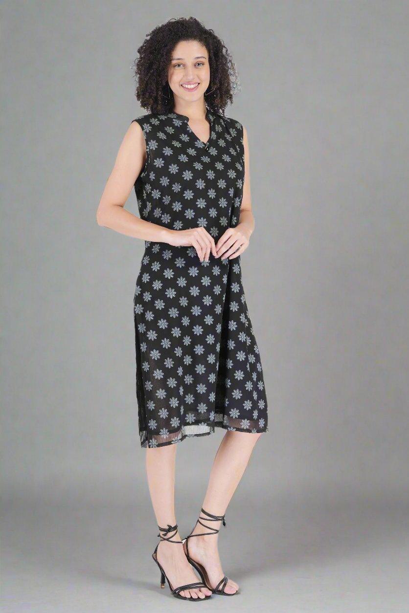 Snowflake Printed Black Dress - Nirmal Online