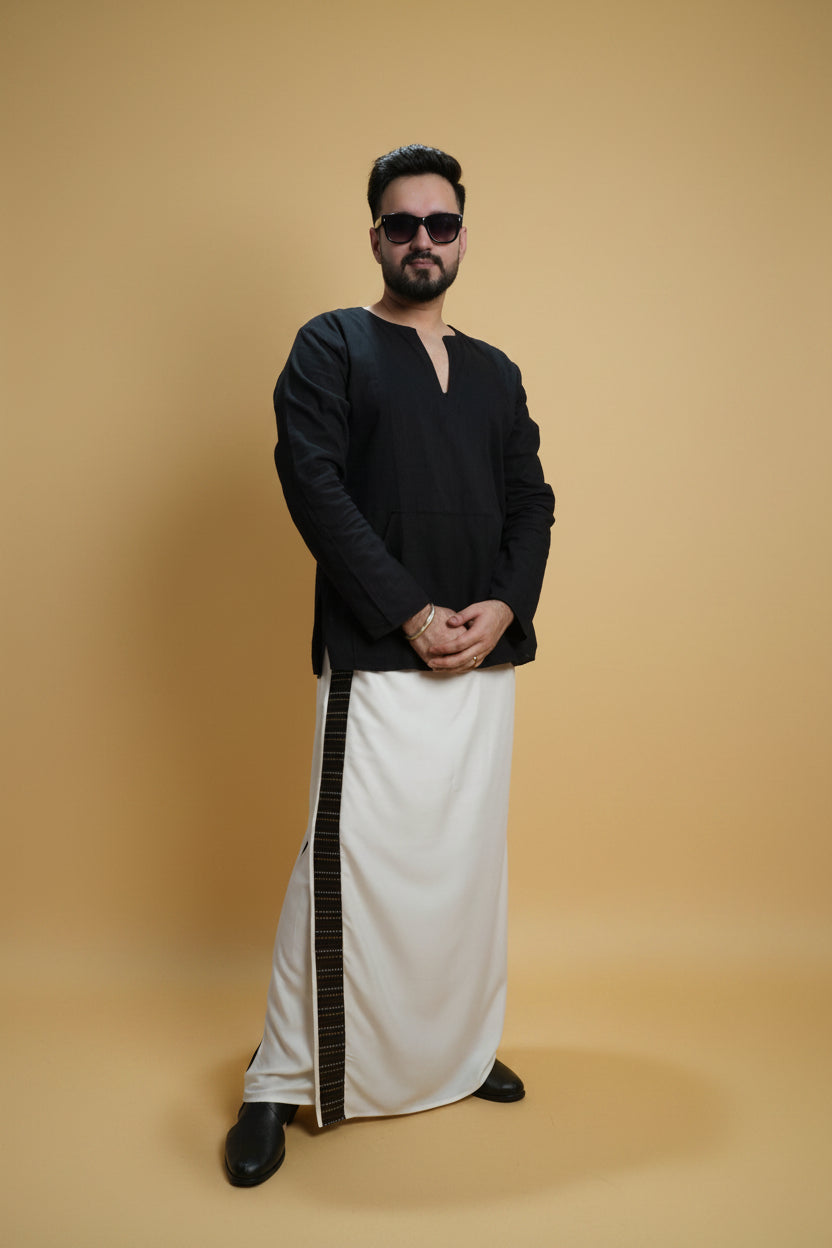 Men White Colour Pajamalungi With Black Stripe Panel