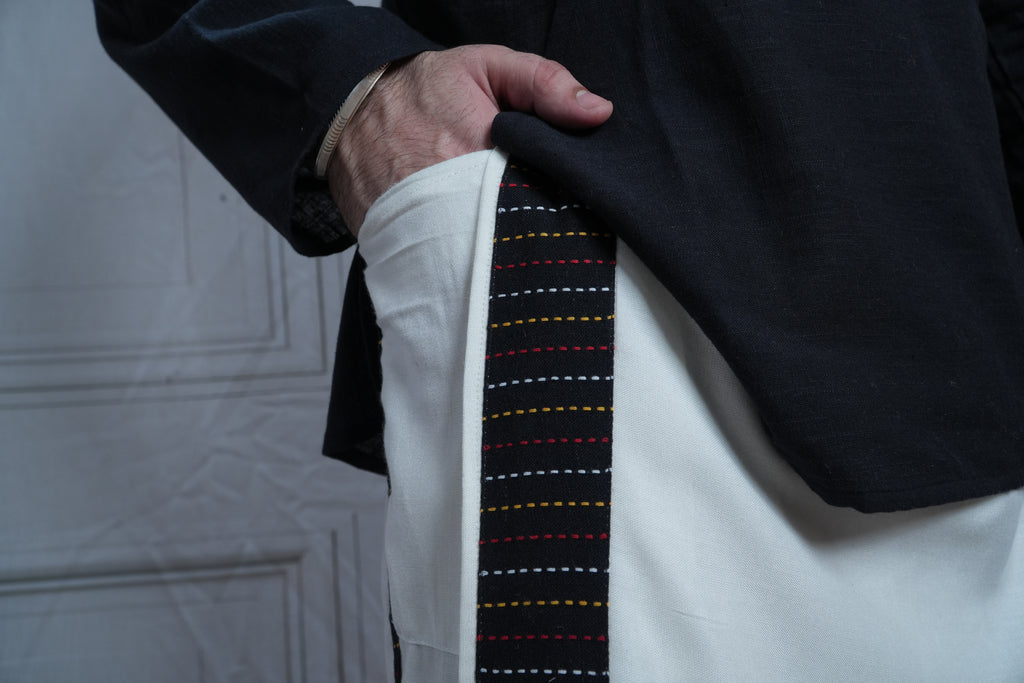 Men White Colour Pajamalungi With Black Stripe Panel