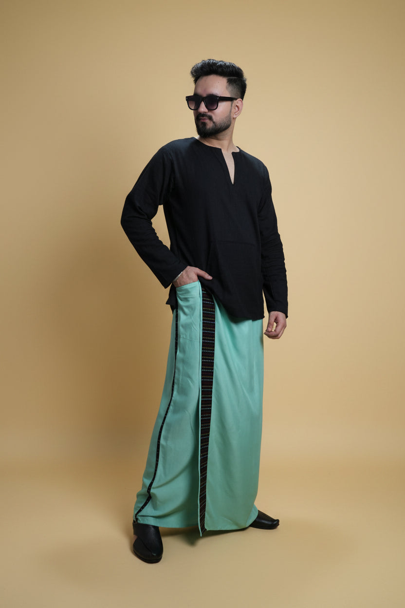 Men SeaGreen Colour Pajamalungi With Black Stripe Panel