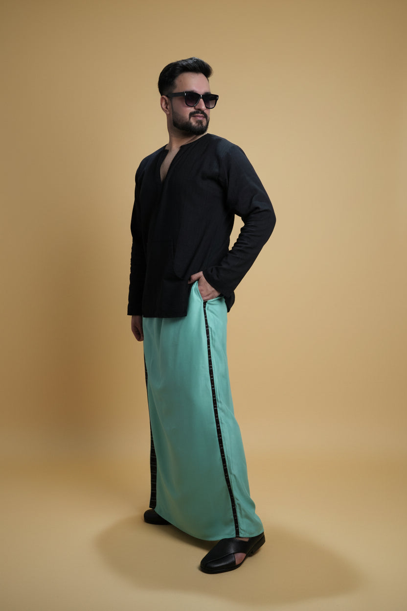 Men SeaGreen Colour Pajamalungi With Black Stripe Panel