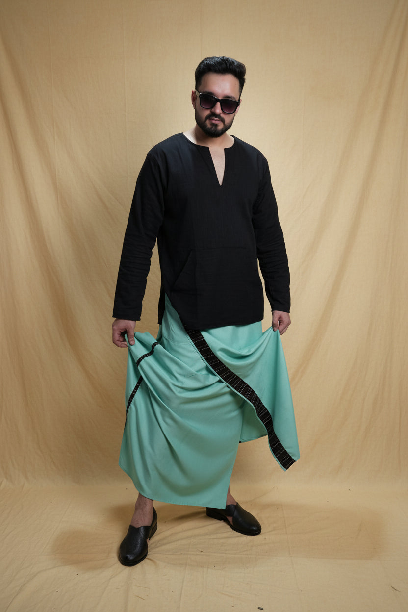 Men SeaGreen Colour Pajamalungi With Black Stripe Panel