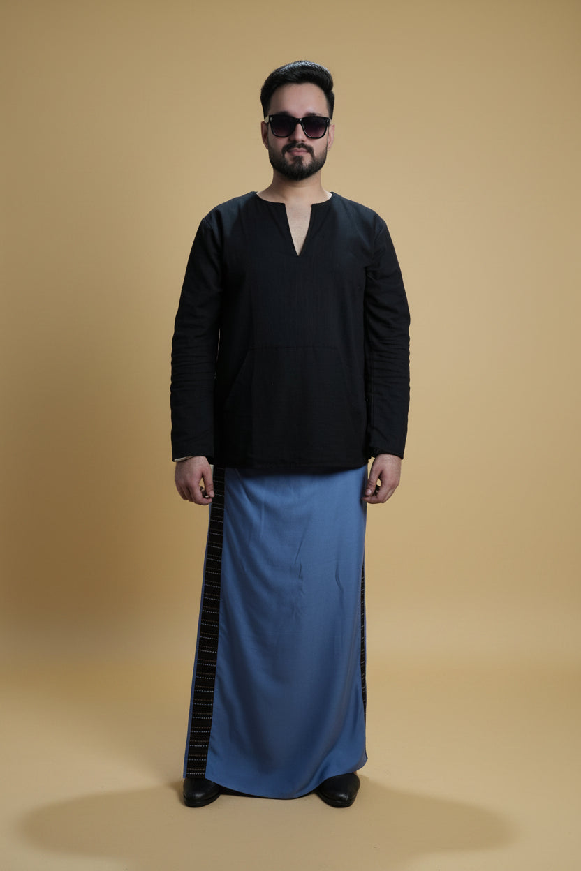 Men Grey Colour Pajamalungi With Black Stripe Panel