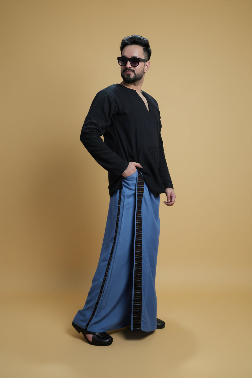 Men Grey Colour Pajamalungi With Black Stripe Panel