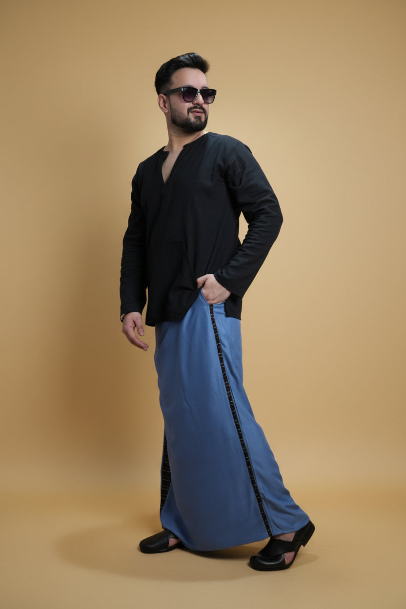 Men Grey Colour Pajamalungi With Black Stripe Panel