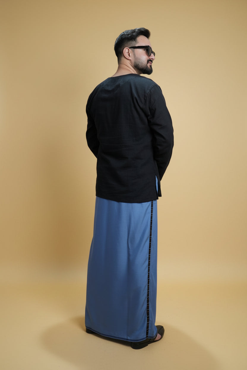 Men Grey Colour Pajamalungi With Black Stripe Panel