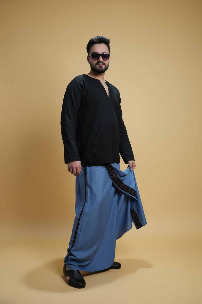 Men Grey Colour Pajamalungi With Black Stripe Panel