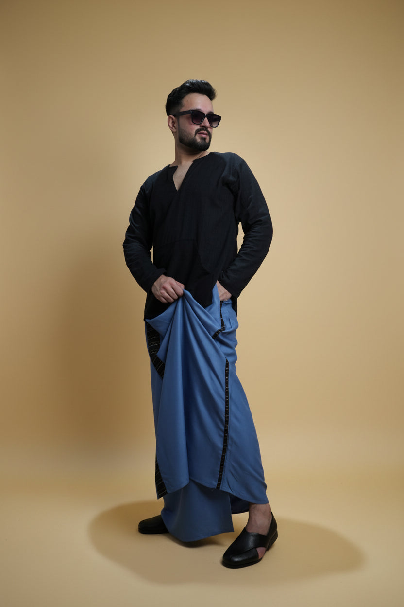 Men Grey Colour Pajamalungi With Black Stripe Panel