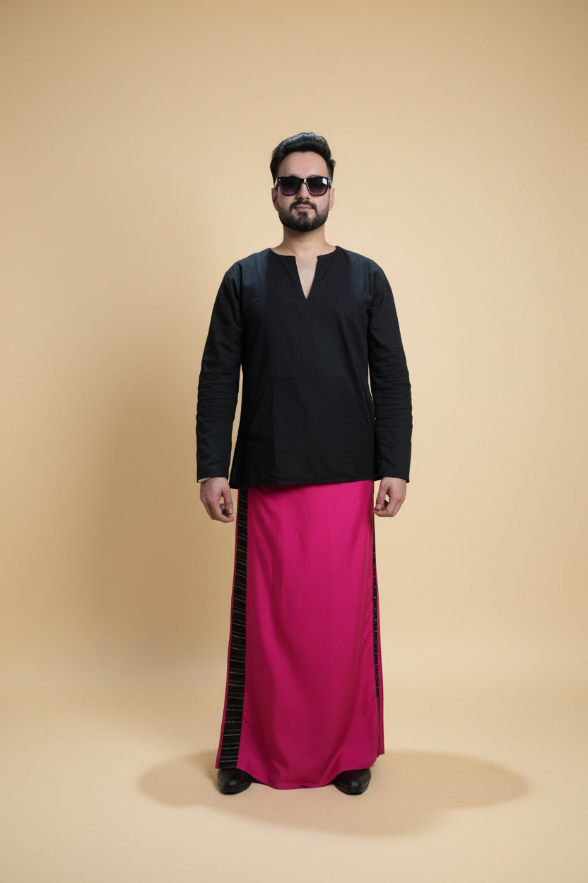 Men Pink Colour Pajamalungi With Black Stripe Panel