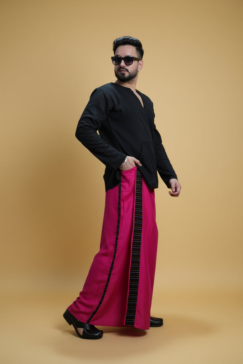 Men Pink Colour Pajamalungi With Black Stripe Panel