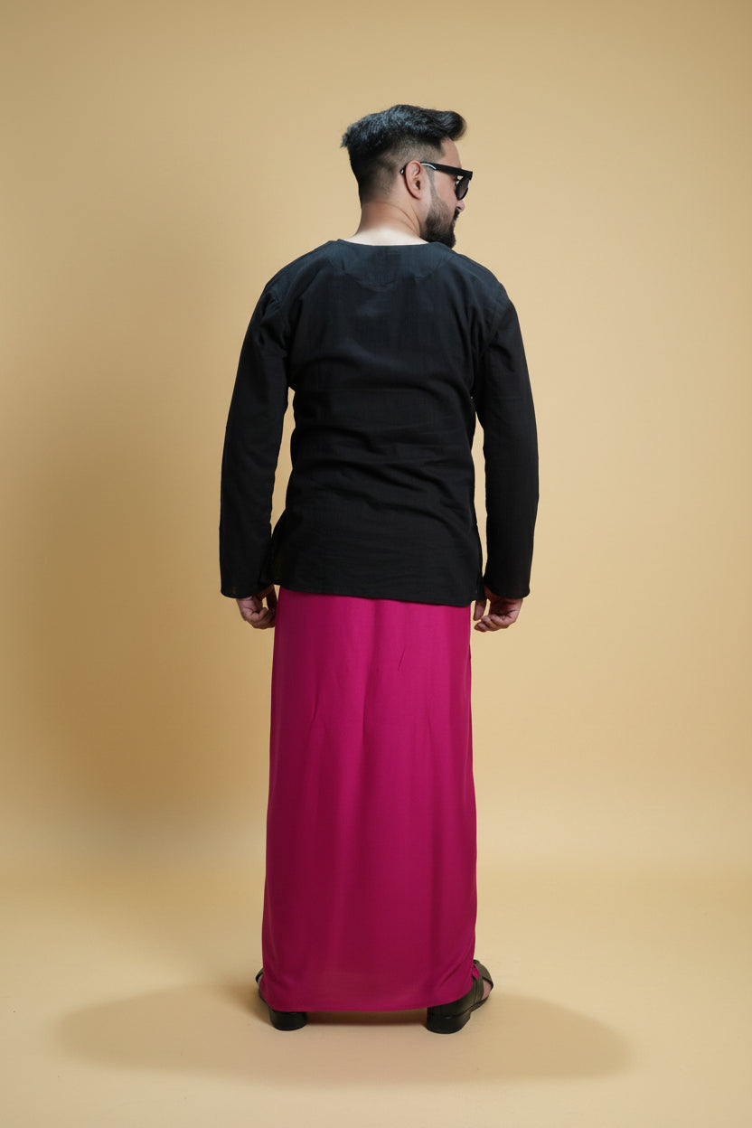 Men Pink Colour Pajamalungi With Black Stripe Panel