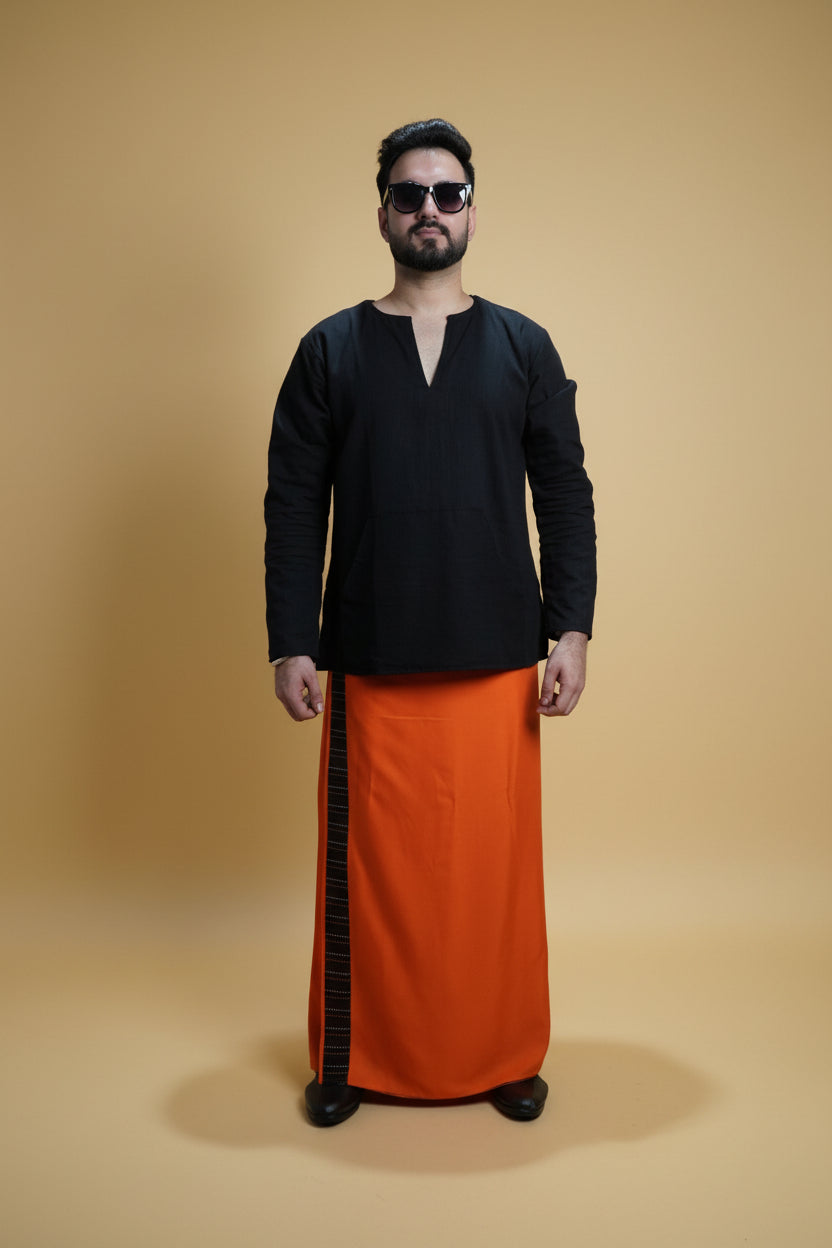 Men Orange Colour Pajamalungi With Black Stripe Panel