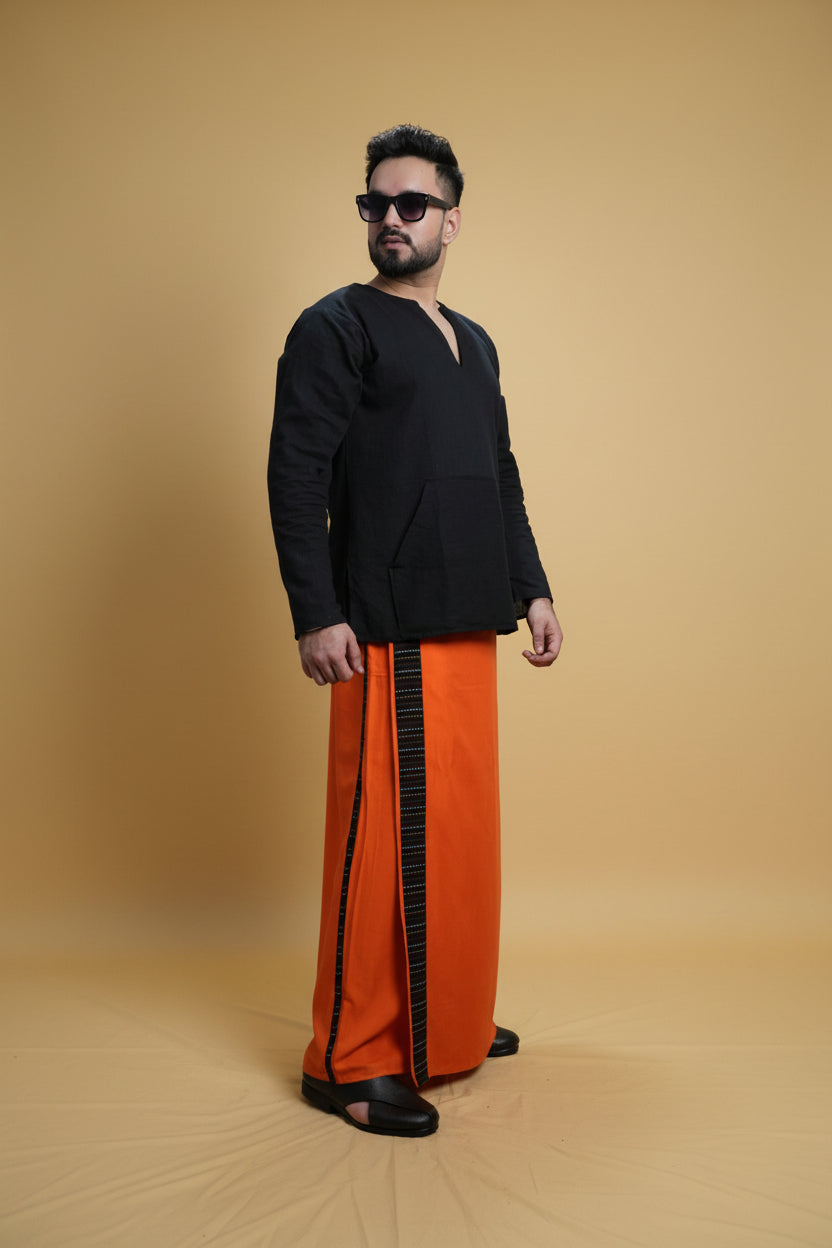 Men Orange Colour Pajamalungi With Black Stripe Panel