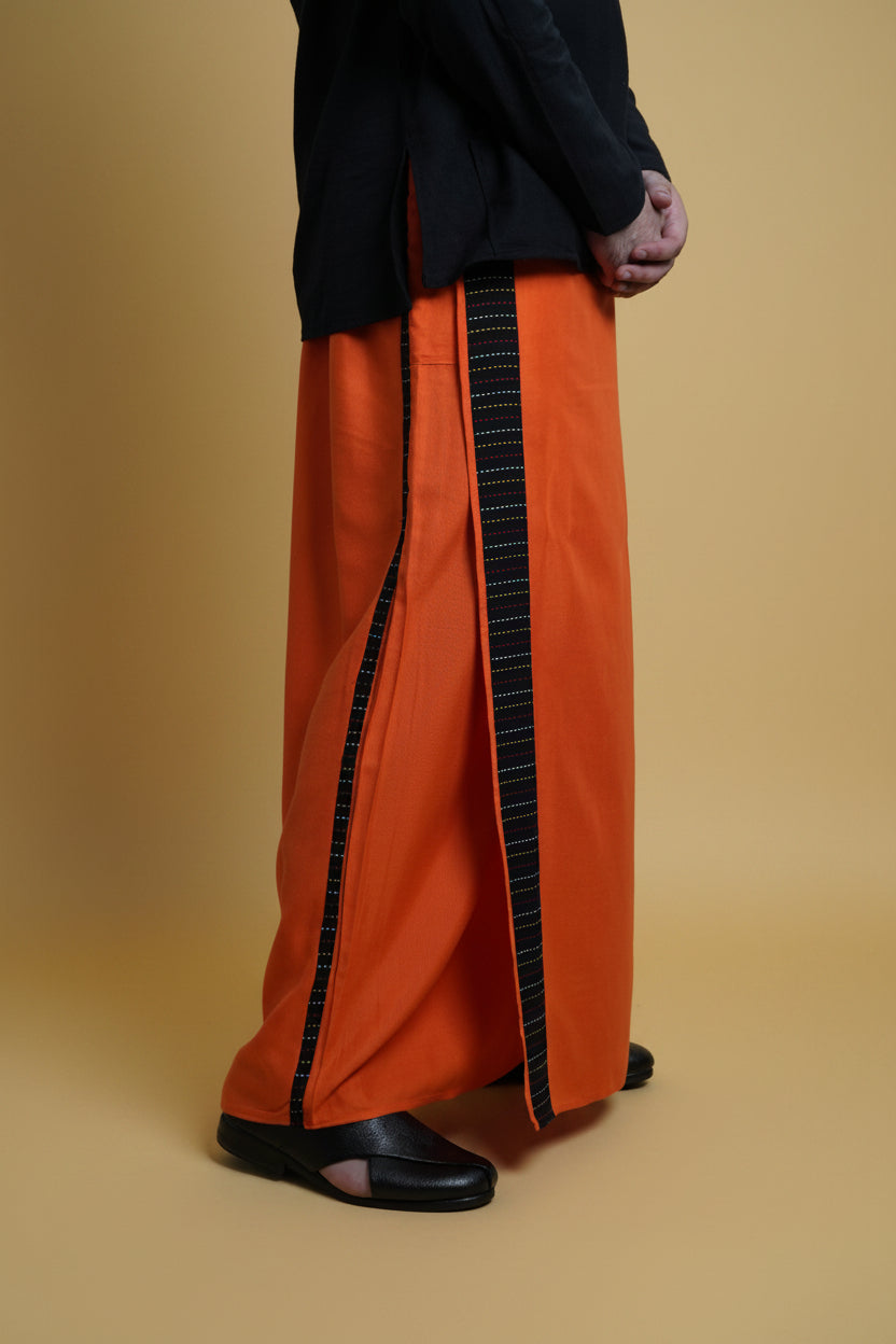 Men Orange Colour Pajamalungi With Black Stripe Panel