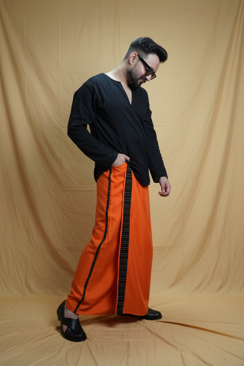 Men Orange Colour Pajamalungi With Black Stripe Panel