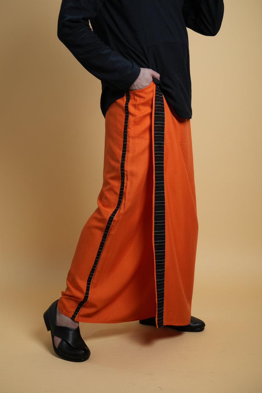 Men Orange Colour Pajamalungi With Black Stripe Panel