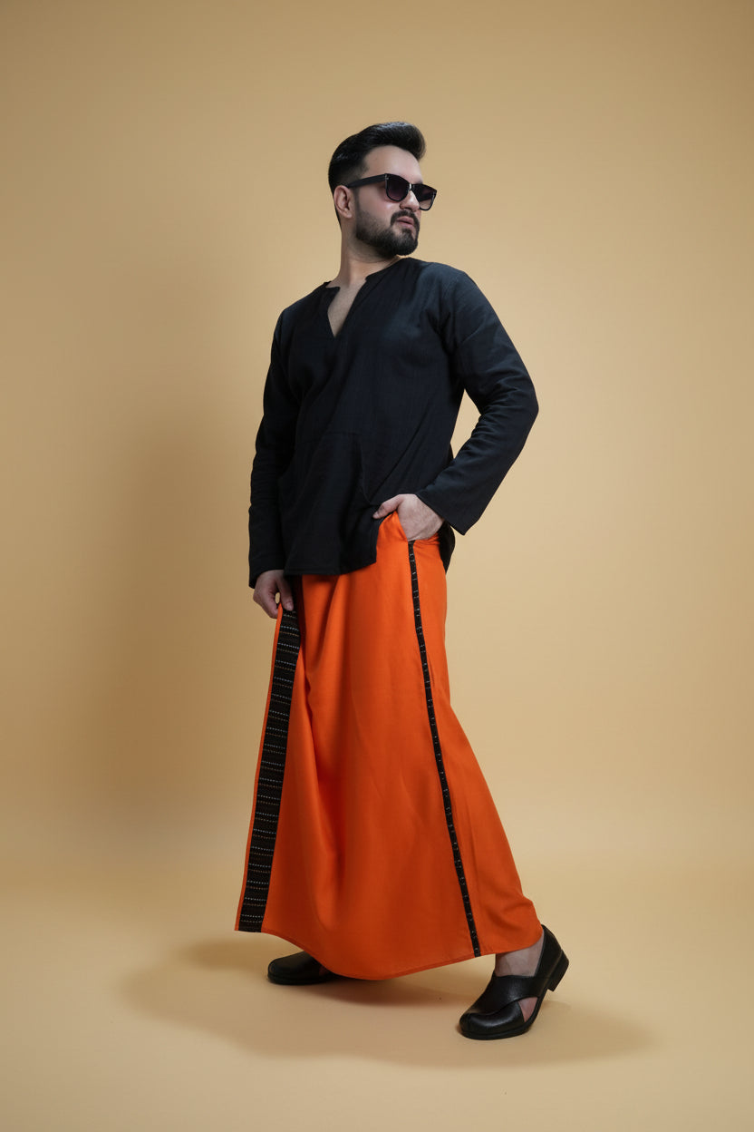 Men Orange Colour Pajamalungi With Black Stripe Panel