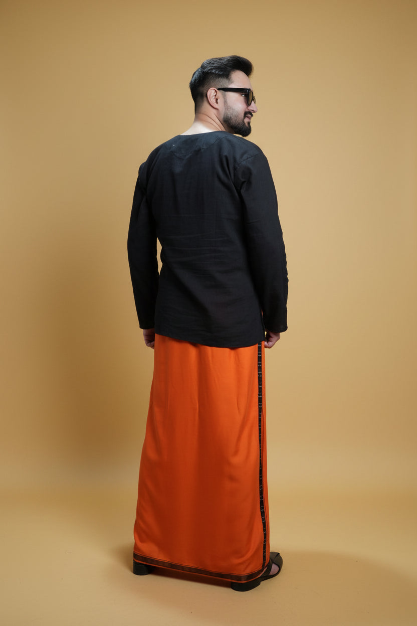 Men Orange Colour Pajamalungi With Black Stripe Panel