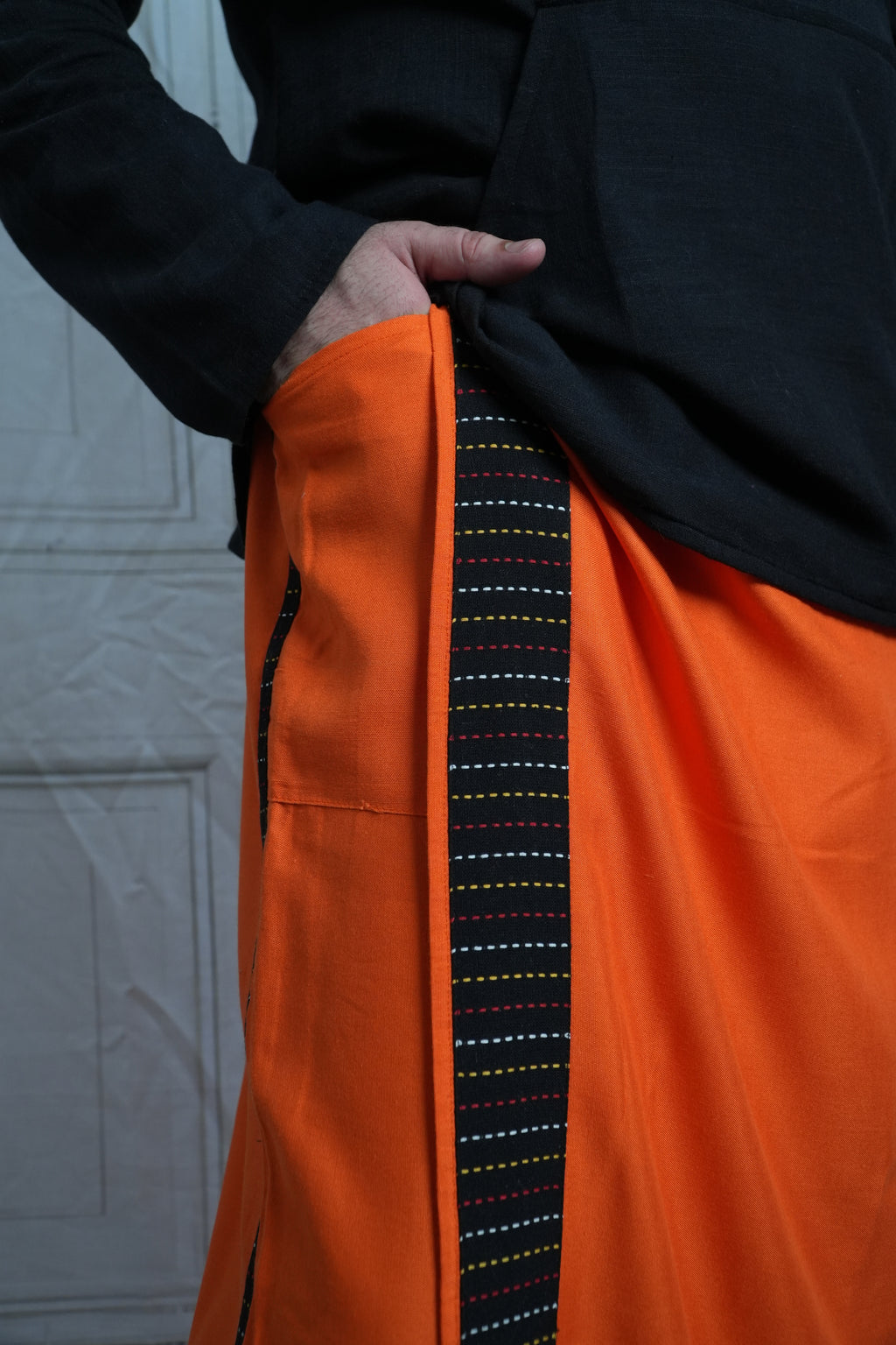 Men Orange Colour Pajamalungi With Black Stripe Panel