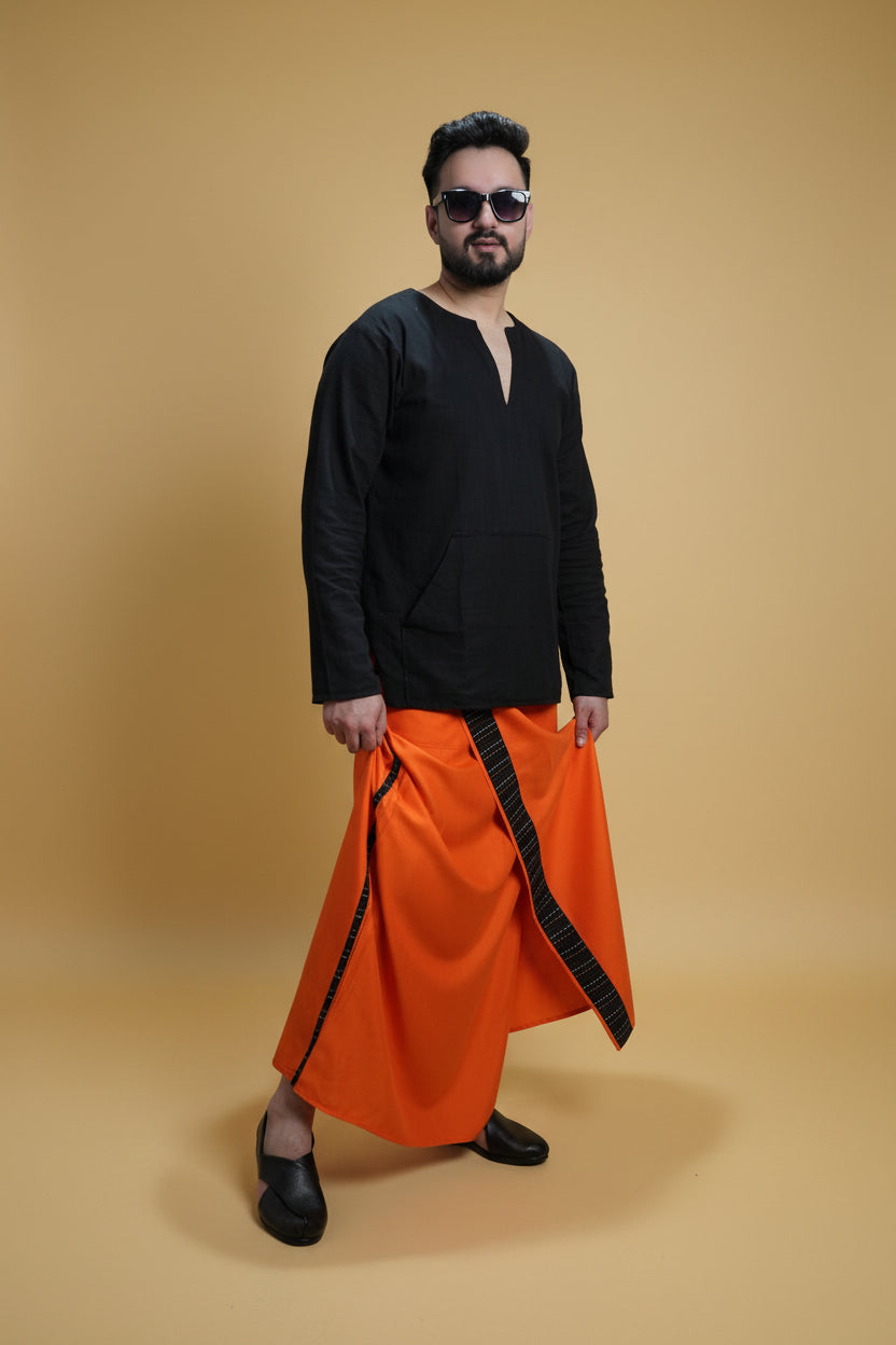 Men Orange Colour Pajamalungi With Black Stripe Panel