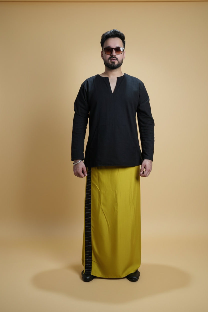 Men Yellow Steve Colour Pajamalungi With Black Stripe Panel